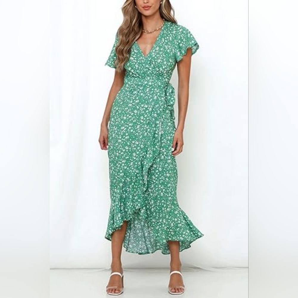 ZESICA Women's Summer Bohemian Floral‎ Printed Wrap V Neck Ruffle Maxi Dress S